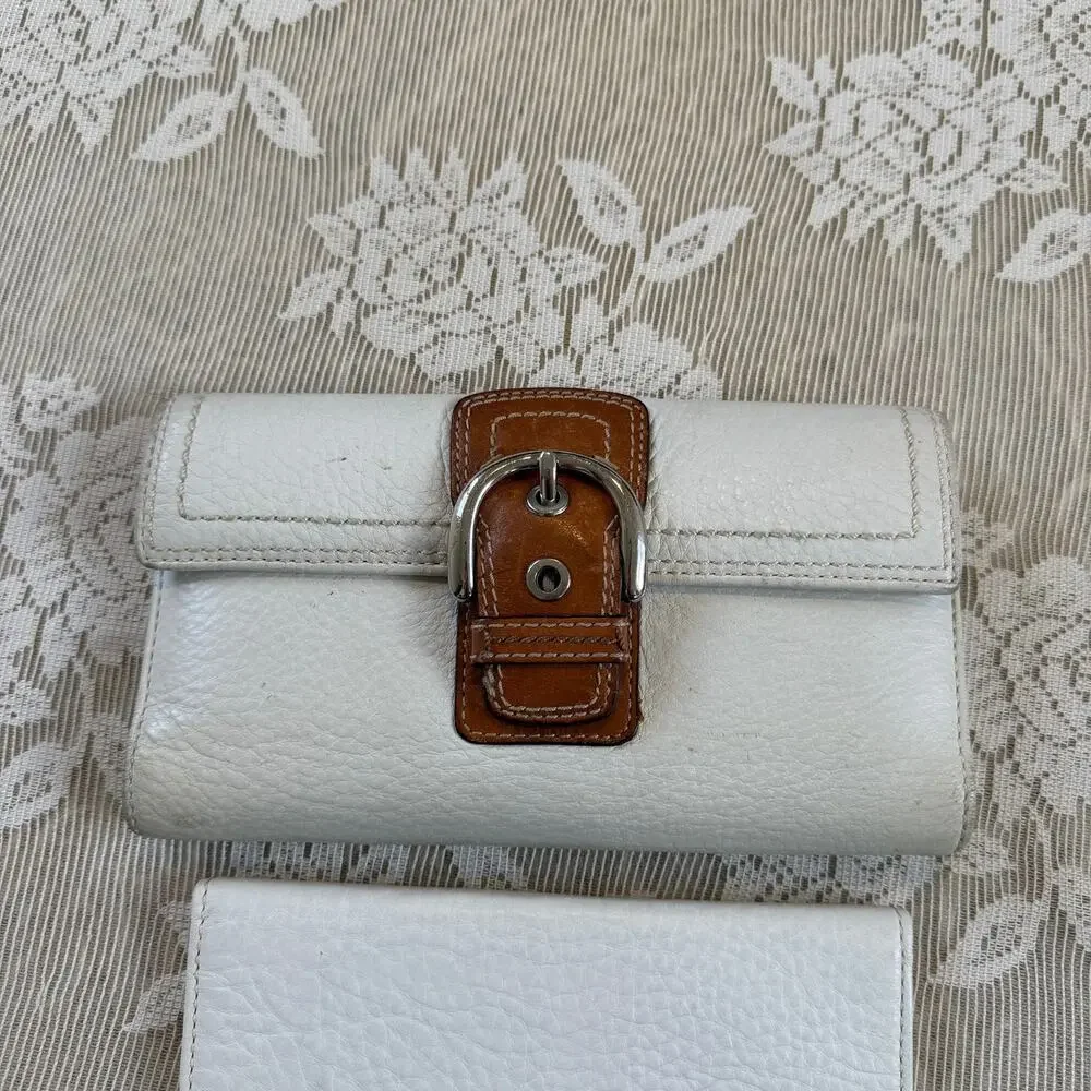 Vintage Coach White Leather Buckle Wallet + Checkbook Cover Set
